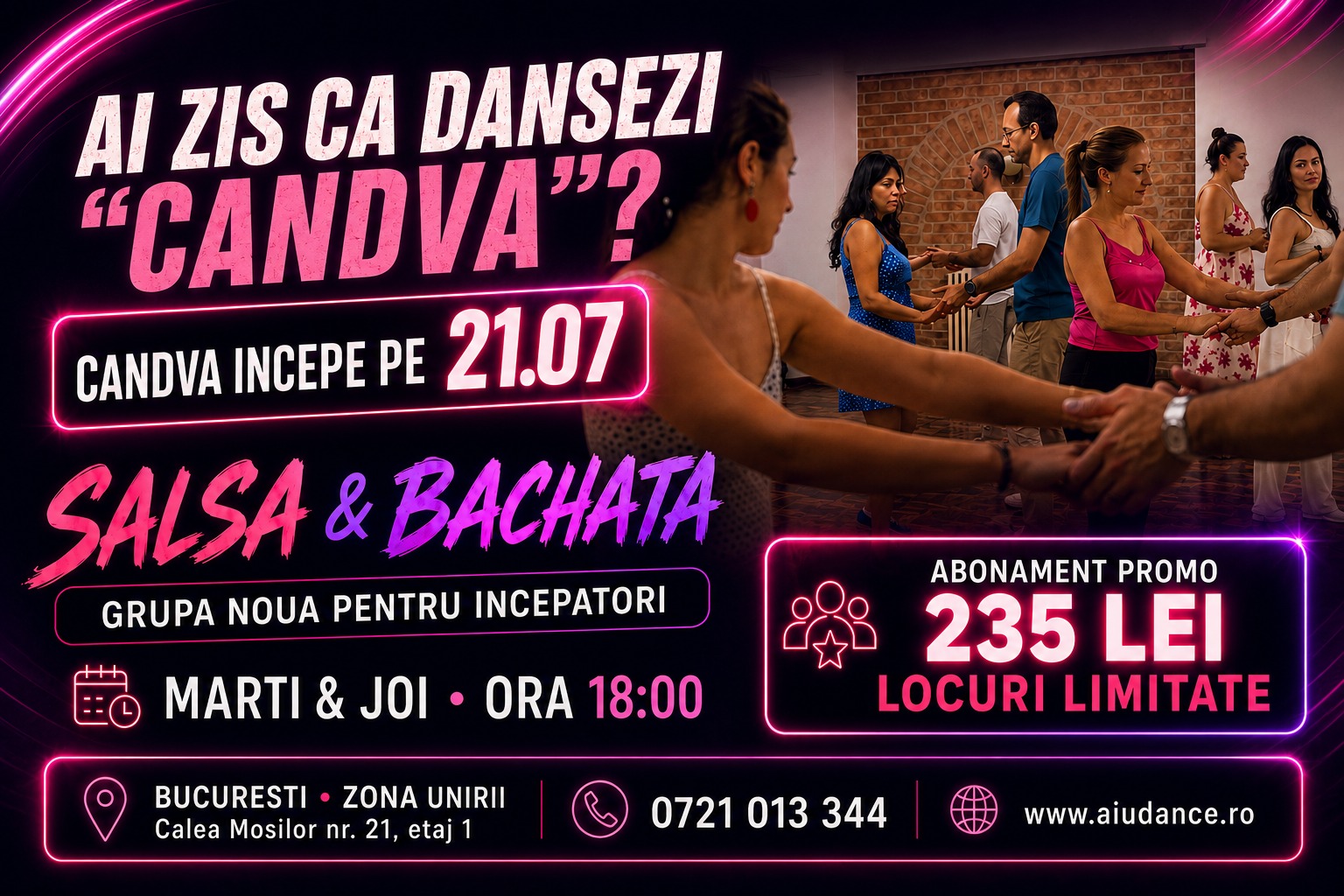 Cursuri Salsa si Bachata pentru incepatori la AIU Dance Bucuresti, grupa noua din 21.07, marti si joi de la ora 18:00